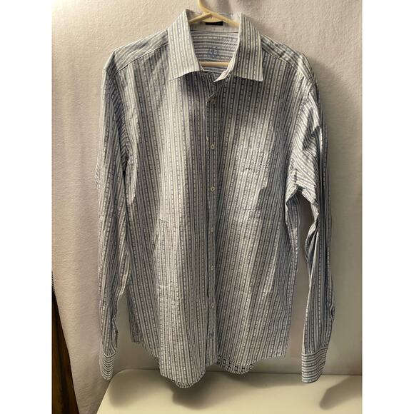 Bugatchi luxury designer shirt Button Mens blue white long sleeve embroider Lg - Picture 1 of 6